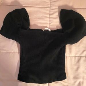 H&M Ribbed Puff Sleeve Top - Black